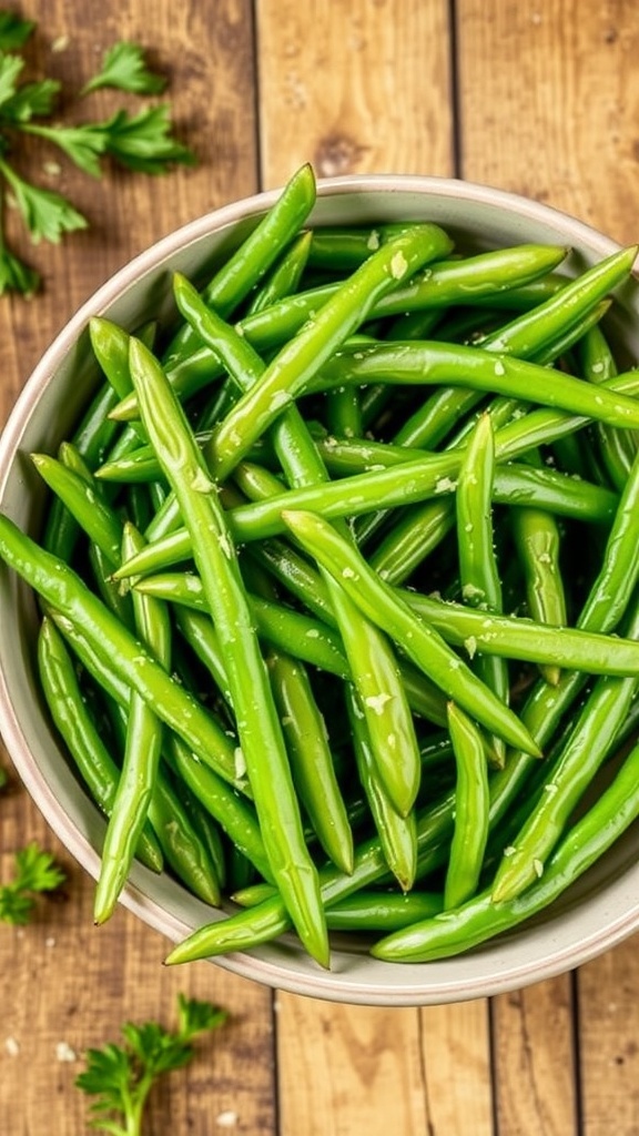 Crispy Air Fryer Green Beans Recipe A bowl of crispy air fryer green beans seasoned with garlic, on a rustic table.